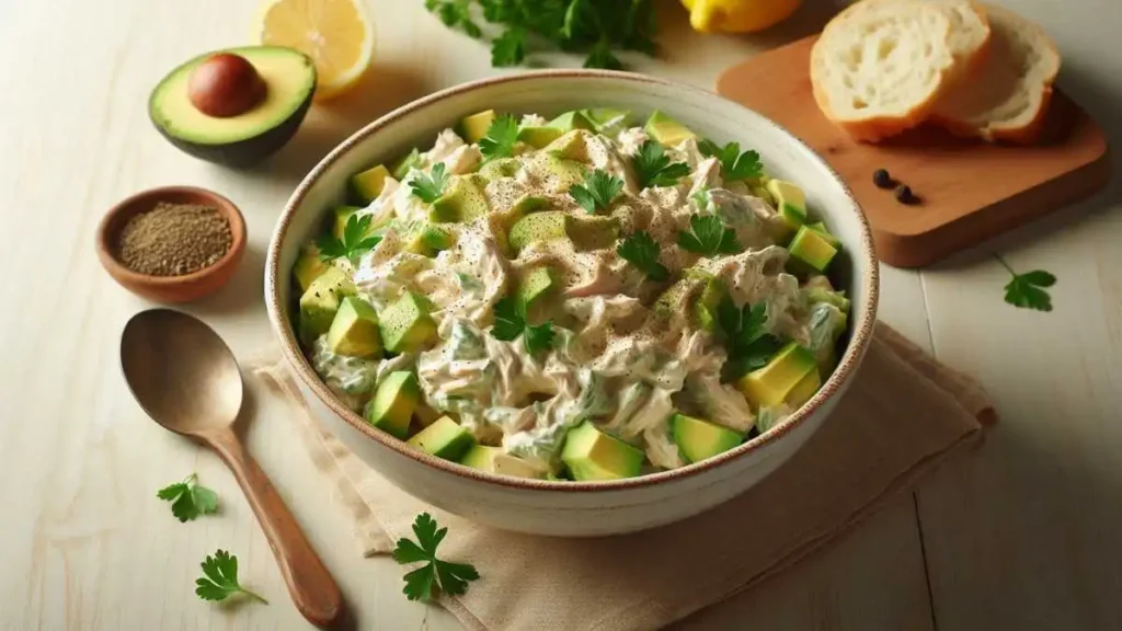 Creamy chicken salad with avocado and mayo