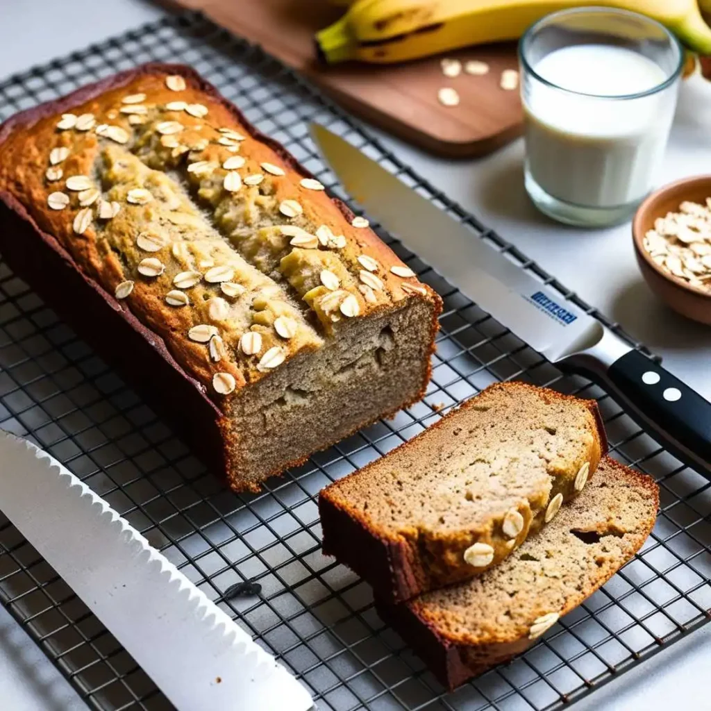 Healthy banana bread with oats and milk