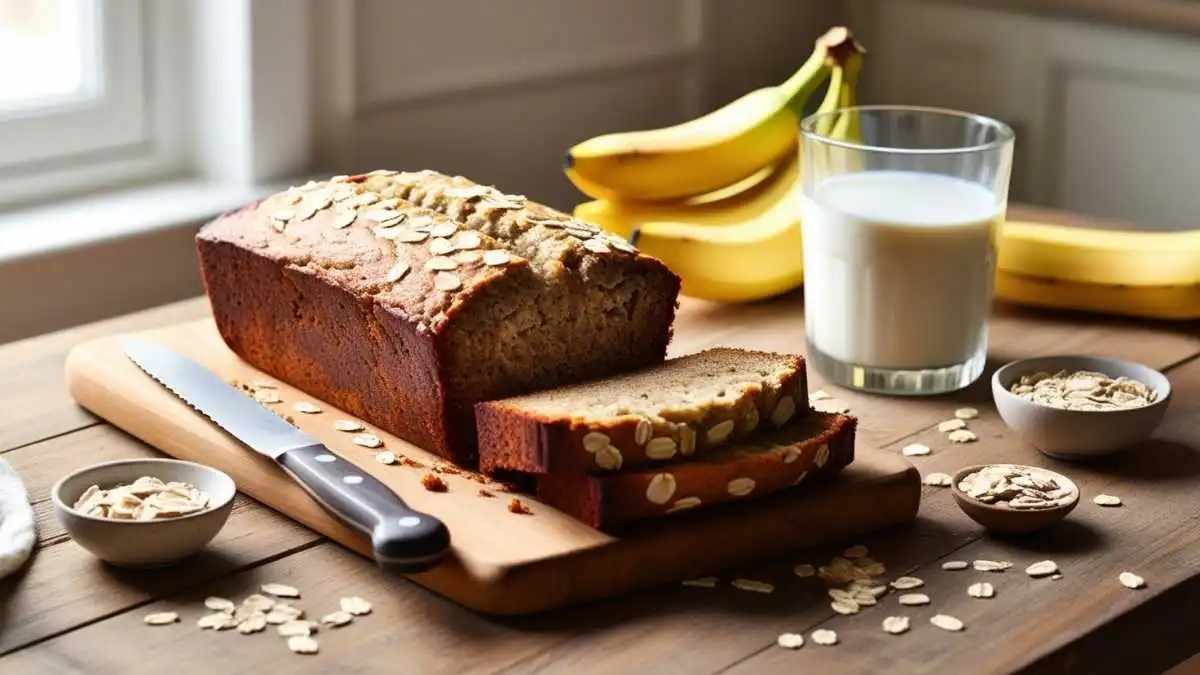 Healthy banana bread with oats and milk